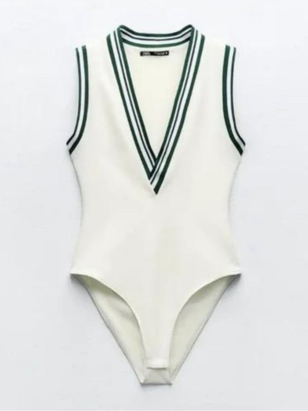 ZARA Ribbed Elastic Bodysuit Deep V-neckline with Contrasting Striped Trim Large